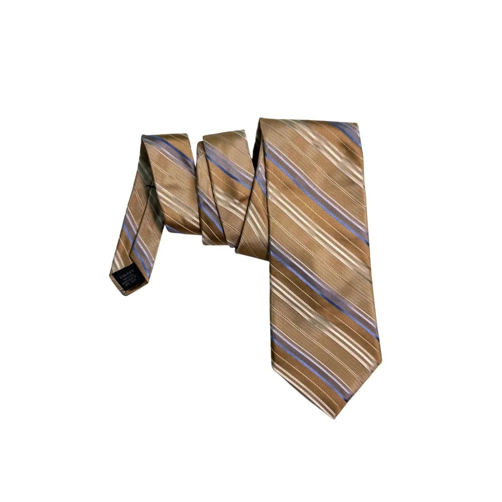 DKNY Mens Silk Necktie Gold Tan Blue Striped USA Made WPL 2831 Donna Karan